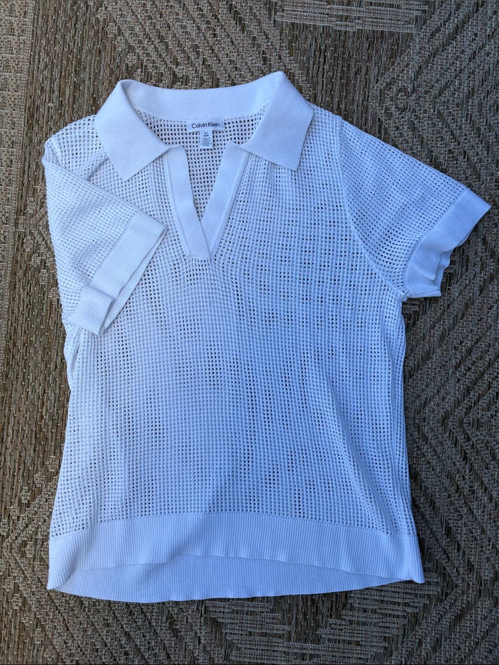 Calvin Klein White Open-Knit Polo Short Sleeve Top